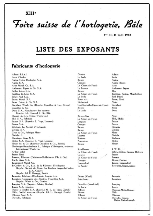 Exhibitor list, XIIIe Foire Suisse de l'Horlogerie, Basel, 1943.