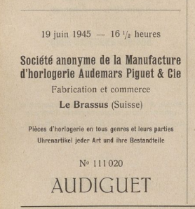 Original Swiss trademark registration for Audiguet, 19 June 1945.