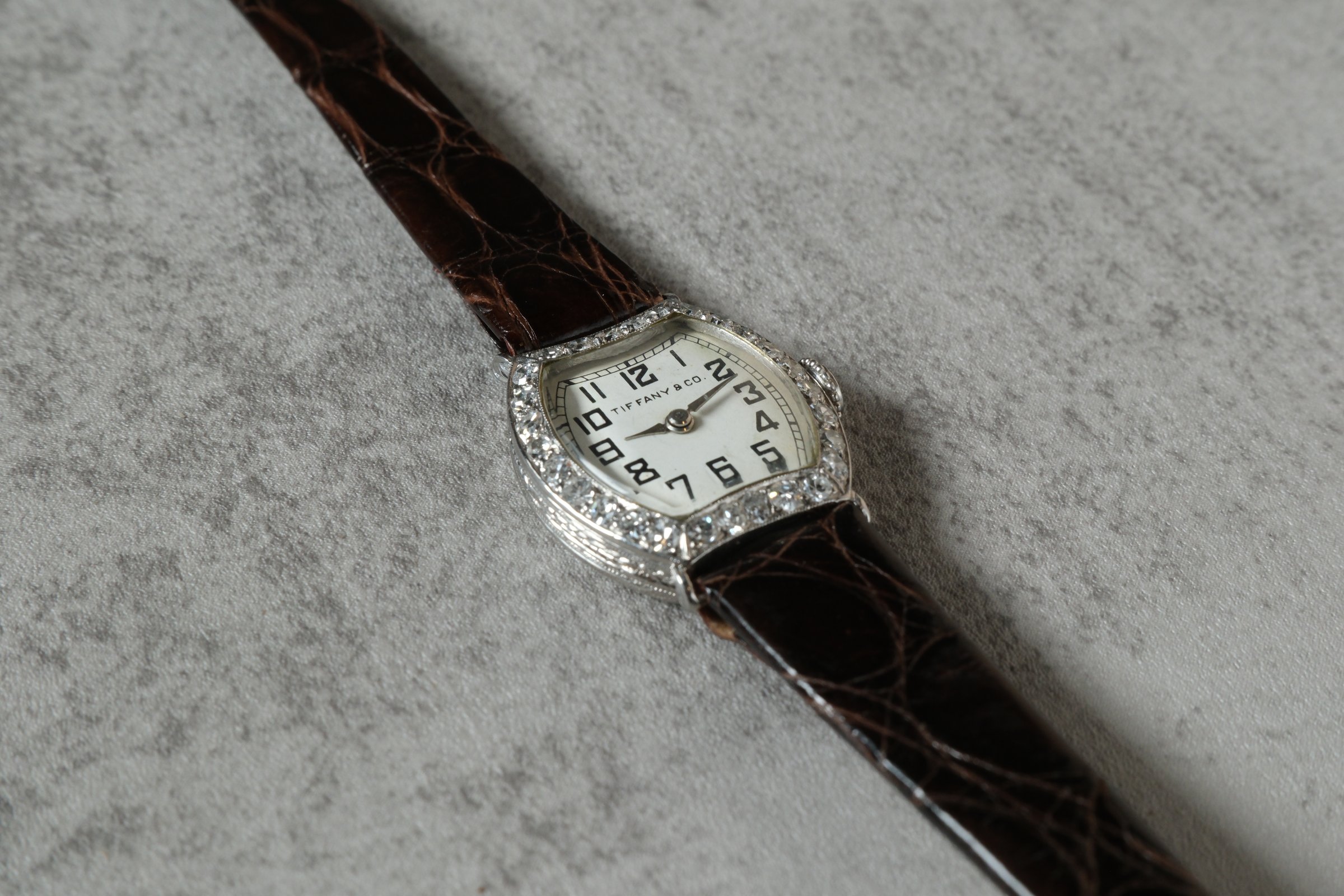 Audiguet Cal. 45, platinum cushion-form case with 28 diamonds, retailed by Tiffany and Co. Remontorium collection.